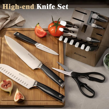 Astercook Knife Set, Kitchen Knives Set with Block and Sharpener Full Tang 17 Pcs German Stainless Steel Knives Sharp Blade Dishwasher Safe Premium Knife Set, Black Mothers Day Gifts for Women - Image 7
