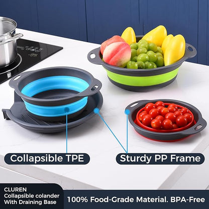 Collapsible Colander Set with Oversized Draining Tray | 3-Pack Foldable Kitchen Strainers + Base | Space Saving for Pasta, Veggies, Fruit & Rice | 5 Colors (Gray-Blue-Red-Green) - Image 5