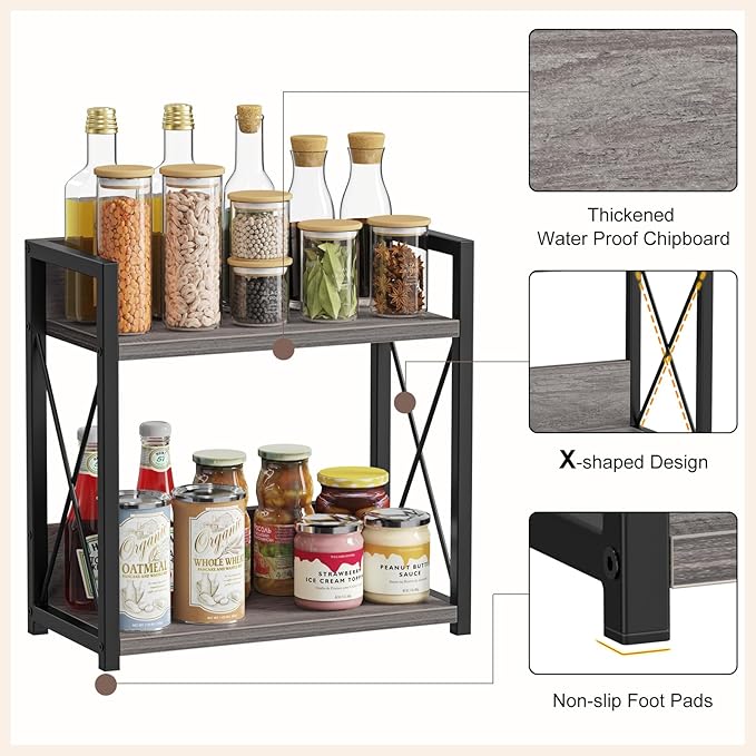 Giikin Coffee Bar Accessories, 2 Tier Spice Rack for Counter, Gray Kitchen Countertop Organizer (Grey, L) - Image 3