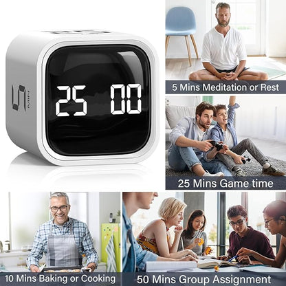 Rotating Pomodoro Timer 5, 25, 10 50 Minutes Preset, Desk Productivity Flip Timer, Cube Countdown Stopwatch for ADHD, Vibration/High/Low Volume, for Work, Study, Back to School, Kitchen, 2 White - Image 9
