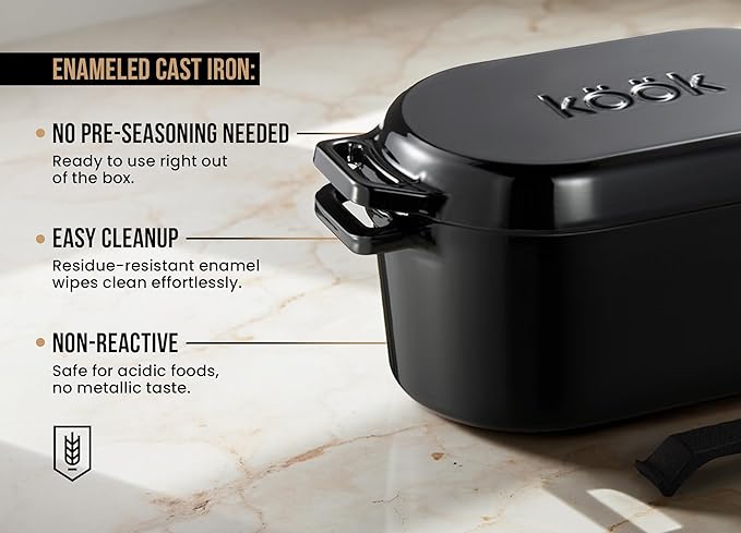 KooK Dutch Oven, for Bread Baking, Sourdough Loaf Pan, with Lid, Dual Handles, Enameled Cast Iron, includes Lid Lever, Dishwasher Safe, Oven safe 500F, 3.4 Qt, Black - Image 5
