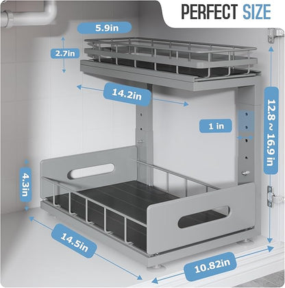 Under Sink Organizer Upgrade To Professional Rails,2-Tier Dual Pull Out Cabinet Storage,Height Adjustable Slide Out Drawers For Bathroom Kitchen,2 Pack-14.5"Dx12.8"-16.9"H,Gun Gray - Image 6