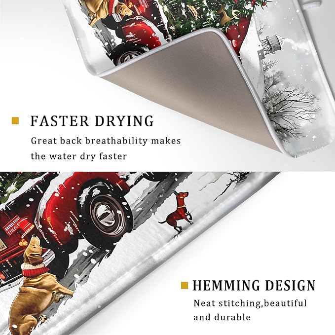 Red Truck Christmas Dish Drying Mat for Kitchen Counter 18x24 Inch Winter Xmas Tree Snowman Dog Print Absorbent Reversible Microfiber Drying Mats Kitchen Countertop Protector Dishes Drainer Rack Pad - Image 3