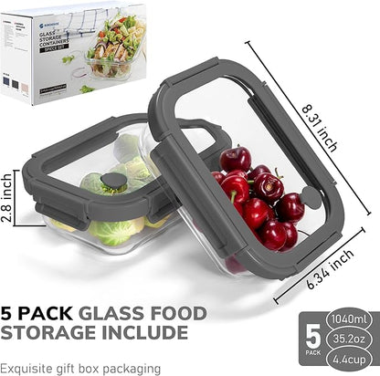 5-Pack Borosilicate Glass Containers with Tempered Lids, 35.2oz/4.4 Cup Airtight Meal Prep Set, Microwave/Freezer Safe (Gray)