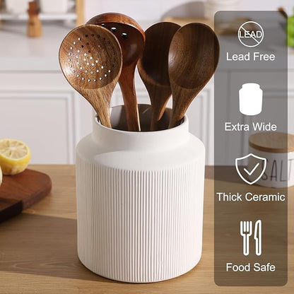 Farmhouse Ceramic Farmhouse Kitchen Utensil Holder for Countertop, Rustic Cooking Utensil Holder Crock Fit for Kitchen Counter. White 6.1 x 6.1 x 7 IN - Image 3