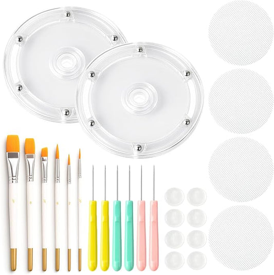Cookie Decorating Supplies Including 2Pcs Acrylic Cookie Turntable 6Pcs Cookie Scribe Needle 4Pcs Silicone Mesh Mats 6Pcs Cookie Decoration Brushes 8Pcs Rubber Feet Bumpers