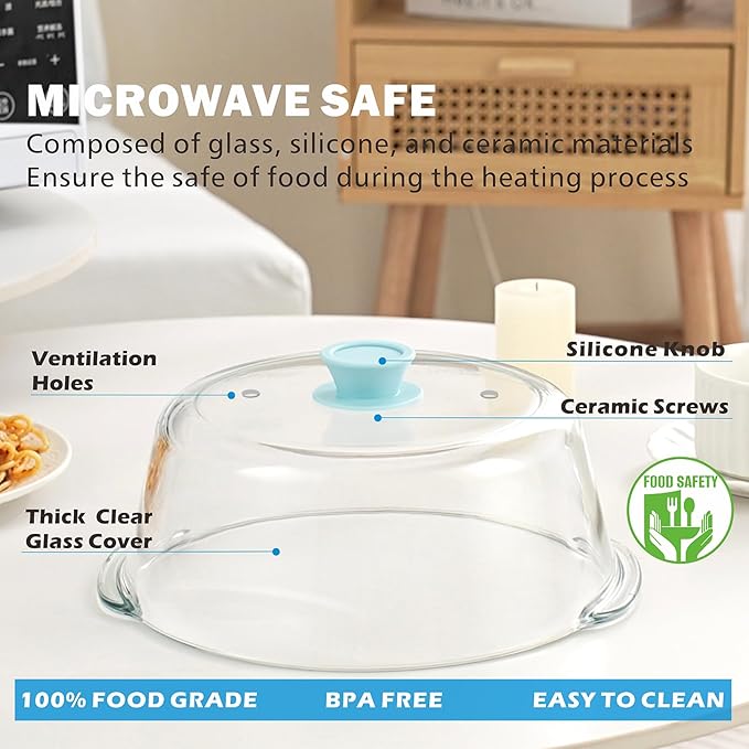 Tall Glass Microwave Splatter Cover for Food with Vent Hole 100% Food Safe 10in Plate Splatter Guard Lid with Silicone Knob BPA Free Cookware Serving Dish Cover Dishwasher Safe - Image 5