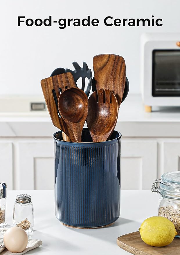 LoeJan Utensil Holder, Extra Large Utensil Crock, Stable Ceramic Utensil Organizer, Cooking Tool Organizer Set for Kitchen Counter Farmhouse Décor, Flambe Blue - Image 4