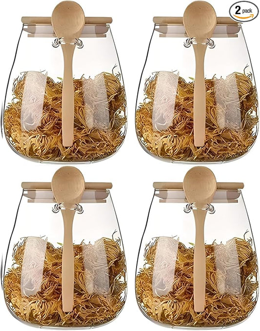 Airtight glass jar storage container with bamboo lid Set of 4, wide mouth, leak-proof, With a spoon, can be used for coffee beans, tea leaves, grains, dried fruits, etc (Large*4PCS) by DNIENKGE