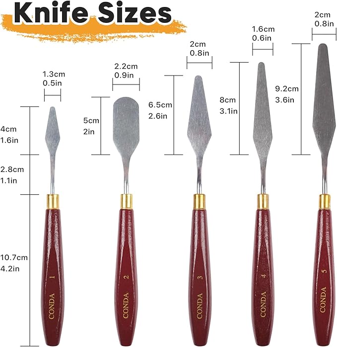 CONDA 5 Pcs Palette Knife Painting with 3 Plastic Scrapers, Stainless Steel Spatula Palette Knife Oil Paint Metal Knives Wood Handle - Image 2