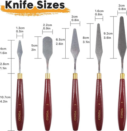 CONDA 5 Pcs Palette Knife Painting with 3 Plastic Scrapers, Stainless Steel Spatula Palette Knife Oil Paint Metal Knives Wood Handle - Image 2