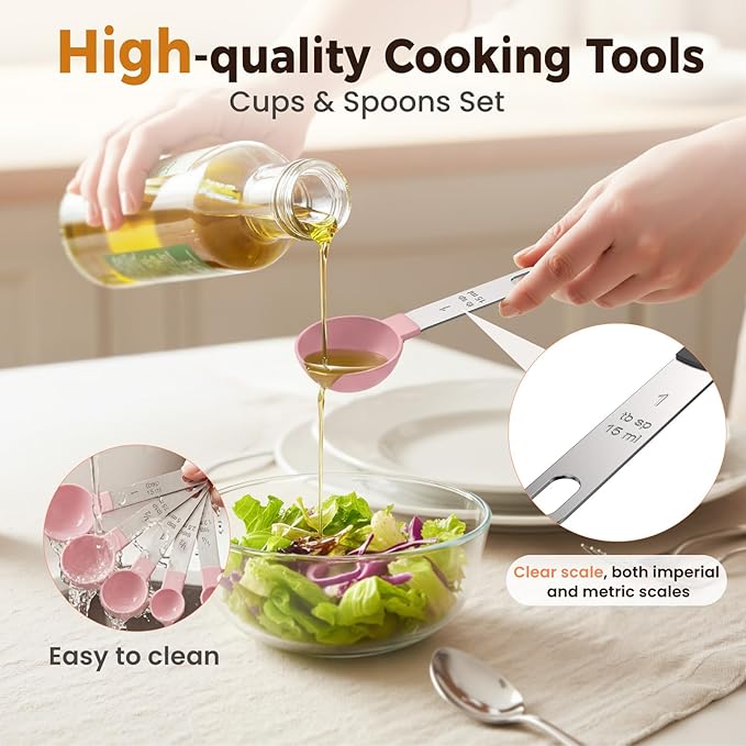 16PCS Measuring Cups and Spoons Set, Measuring Spoon Set with Metric and US Measurements, Fits for Measuring Dry and Liquid (Pink) - Image 6