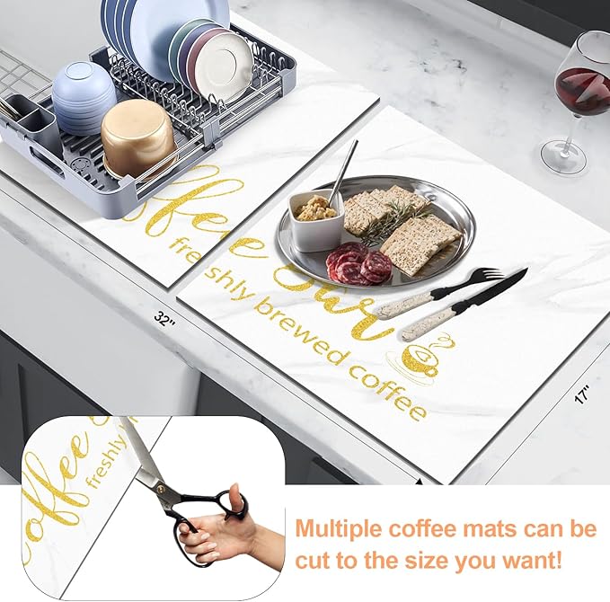 Findosom Dish Drying Mat, 17"x 32" Super Absorbent & Hide Stain Coffee Mat, Cuttable Drying Mat for Kitchen Counter, Coffee Bar Accessories, Under Dish Rack, Coffee Maker, Espresso Machine, White - Image 2