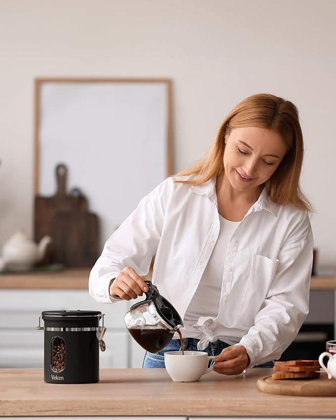 Veken Coffee Canister with Window, Airtight Stainless Steel Kitchen Food Storage Container with Lids, Date Tracker and Scoop for Grounds Coffee, Beans, Tea, Flour, Cereal, Sugar Jars, 16OZ, Black - Image 9