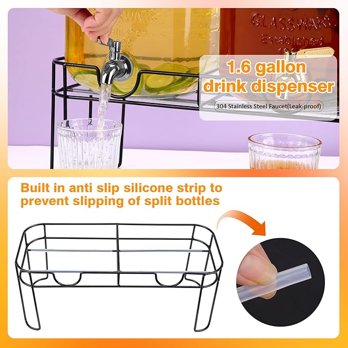 1.6 Gallon Glass Drink dispenser, 2 PCS Beverage Dispenser With Stand, Lemonade Dispenser with Stainless Steel Spigot,Drink Dispensers for Parties,Weddings, Picnic - Image 3