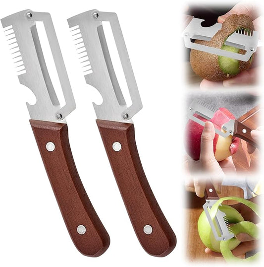 2Pcs Vegetable Peeler for Kitchen – 2026 New 3 in 1 Multifunctional Stainless Steel Peeler with Wooden Handle & Bottle Opener and Handle Blade Kitchen Tool (Brown)