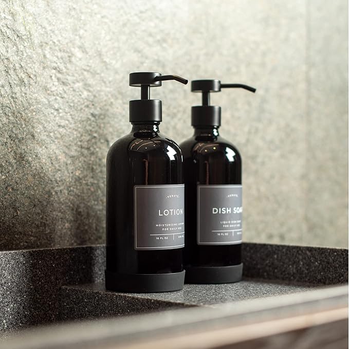 Hand and Dish Soap Dispenser for Kitchen and Bathroom, Set of 2 16 Oz Glass Bottles, Stainless Steel Pumps, Non-Slip Silicone Base, 27 Waterproof Labels (Gloss Black Bottle/Black Pump) - Image 9