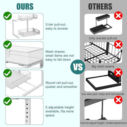 Housolution 2 Pack Large Under Sink Organizer, 2 Tier Metal Pull Out Under Sink Storage with Sliding Mesh Drawers, Height Adjustable Slide Out Under Cabinet Organizer for Kitchen Bathroom, White