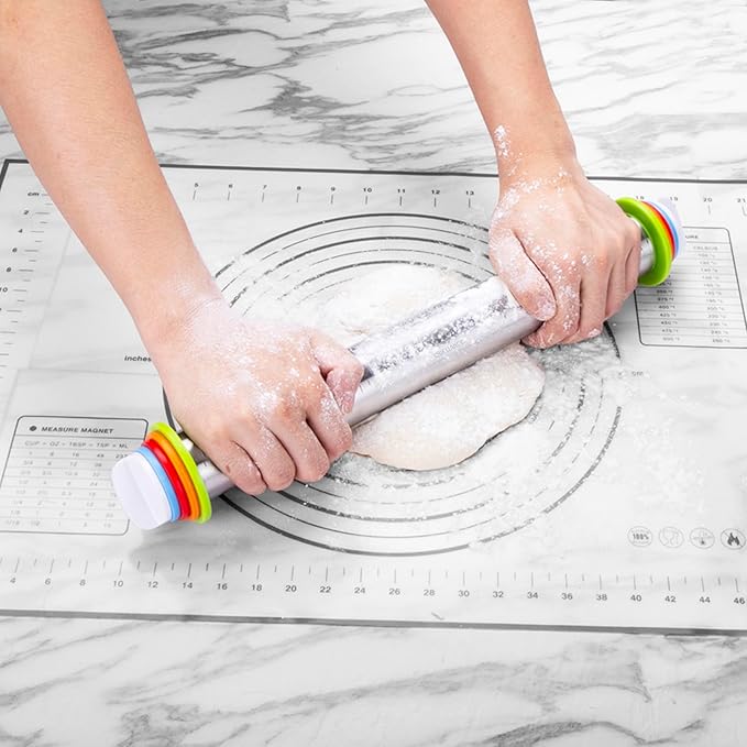 Rolling Pins, Stainless Steel Dough Roller, Rolling Pin and Silicone Baking Pastry Mat Set, Adjustable Rolling Pin with Thickness Rings for Baking Dough, Pizza, Pie, Pastries, Pasta, Cookies(Black) - Image 5