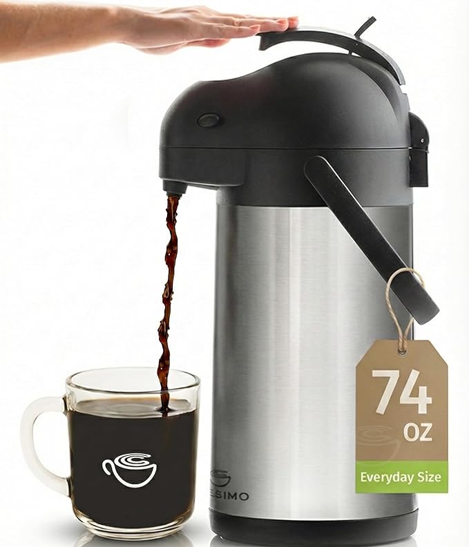 Thermal Coffee Carafe 74Oz, Keeps Drinks Hot for 12Hrs & Cold for 36Hrs, Insulated Stainless Steel Coffee Carafe for Hot Drinks, Easy One-Handed Dispensing for Office, Home, Party, Durable Tea Flask by Cresimo