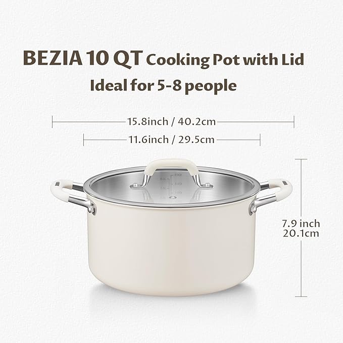 10 Quart Nonstick Stock Pot with Lid, BEZIA Fully-Clad 3-Ply Stainless Steel Pots, Induction Soup Pot with Lid, Kitchen Cooking Pots with Silicone Handle, for All Cooktops, Free of PTFE/PFOA/PFOS