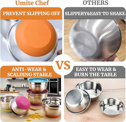 Umite Chef Mixing Bowls with Airtight Lids, 6 Piece Stainless Steel Metal Bowls, Measurement Marks & Colorful Non-Slip Bottoms Size 7, 3.5, 2.5, 2.0,1.5, 1QT, Great for Mixing & Serving - Image 2