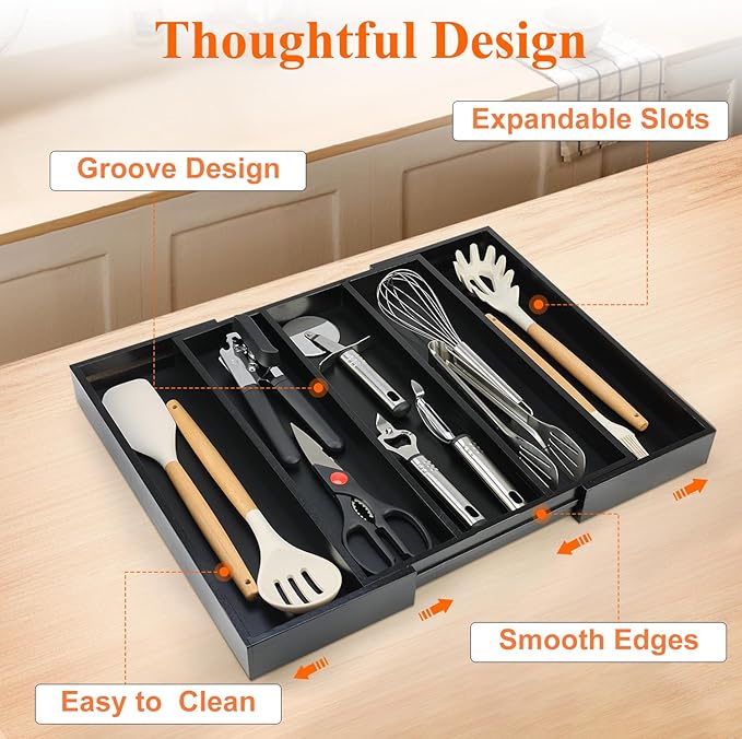 Expandable Large Kitchen Utensil Drawer Organizer Storage Black Bamboo Silverware Organizers Tray Divider Adjustable Spoon Flatware Organizer Wood Cutlery Tray Cooking Utensils Tool Holder Drawer - Image 6