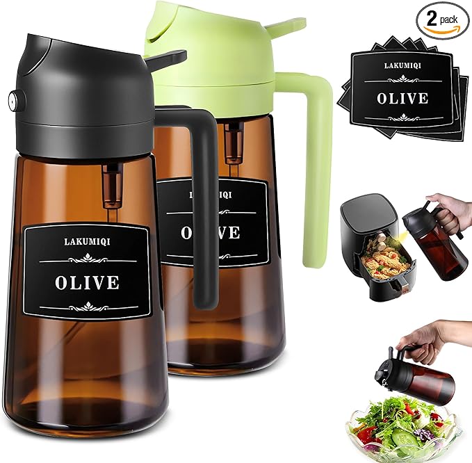 LAKUMIQI 2 in 1 Oil Sprayer for Cooking, 16oz Olive Oil Dispenser Bottle for Kitchen, Food Grade Light-Blocking Leak Proof Glass Spray Bottle for Salad, Air Fryer, BBQ by LAKUMIQI