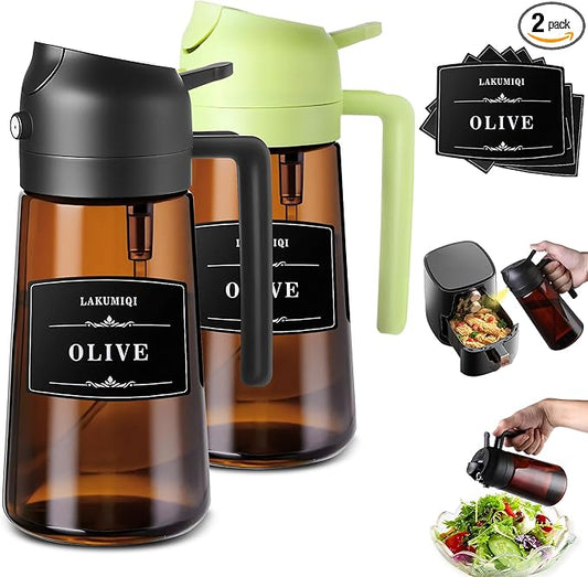 LAKUMIQI 2 in 1 Oil Sprayer for Cooking, 16oz Olive Oil Dispenser Bottle for Kitchen, Food Grade Light-Blocking Leak Proof Glass Spray Bottle for Salad, Air Fryer, BBQ by LAKUMIQI