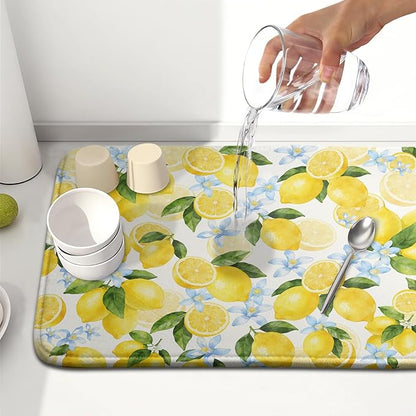 Kawani Lemon Dish Drying Mat 16x18 Inch Absorbent Reversible Spring Summer Drying Mat Floral Lemon Fruits Dish Drying Rack Mat Yellow Summer Themed Dish Drainer Mat for Kitchen Counter Coffee Bar