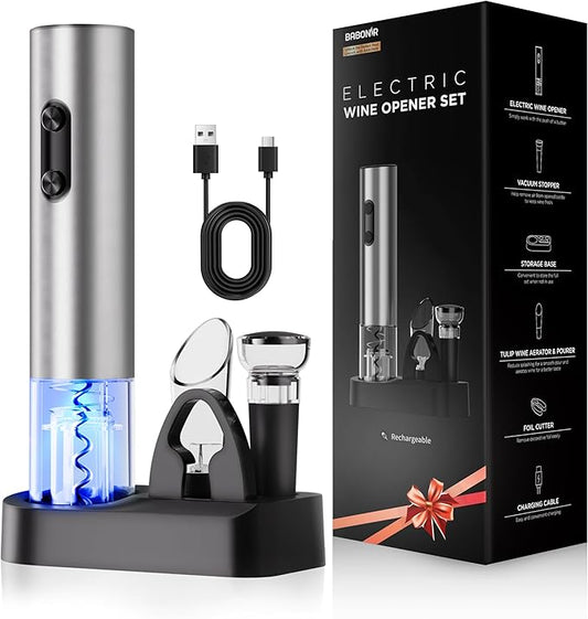 6-in-1 Electric Wine Opener Gift Set, BABONIR Stainless Steel USB-C Rechargeable Automatic Wine Bottle Opener, Foil Cutter, Vacuum Stopper, Wine Aerator Pourer, Bottle Opener Wine Gifts for Women