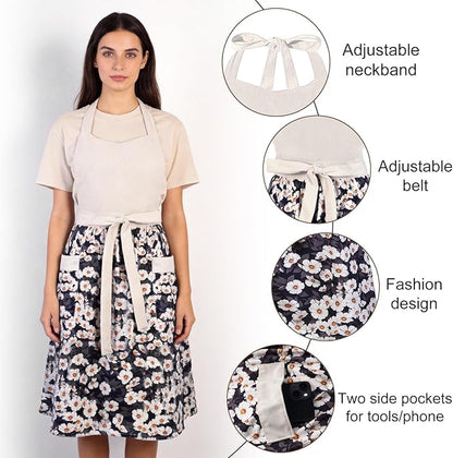 Cute Floral Aprons for Women with Pockets,Cotton Adjustable Neck Strap Apron for Kitchen Cooking Baking Gardening