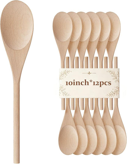 12 Pcs Wooden Spoons for Cooking, MORGLES 10-Inch Serving Spoons for Stirring Mixing Serving Long Handle Plastic Free Reusable Non Scratch Dishwasher Safe