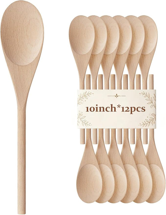 12 Pcs Wooden Spoons for Cooking, MORGLES 10-Inch Serving Spoons for Stirring Mixing Serving Long Handle Plastic Free Reusable Non Scratch Dishwasher Safe