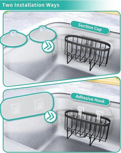 HapiRm Multifunctional Sponge Holder with Unique M-Shaped, 2 Installation Methods Kitchen Sink Caddy Organizer, Rustproof Stainless Steel Kitchen Organizers and Storage Essentials - Black - Image 4