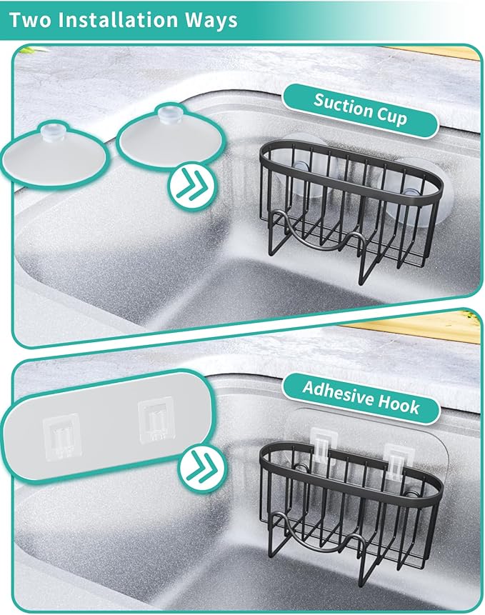 HapiRm Multifunctional Sponge Holder with Unique M-Shaped, Two Installation Methods Kitchen Sink Organizer, Rustproof Stainless Steel Sink Caddy -Black（2-Pack） - Image 3