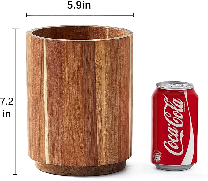 Acacia Wood Utensil Holder for Kitchen Counter, 360° Rotating 7.2" Wooden Cooking Utensil Crock for Countertop, Farmhouse Kitchen Decor - Image 7