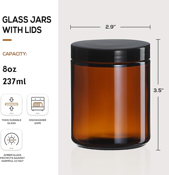 12 Pack, 8 OZ Dark Amber Candle Jars for Making Candle - Thick Glass Jars with 12 Metal & 12 Plastic Lids - Empty Round Food Storage Containers, Canning Jar For Spice, Liquid, Sample - Food Grade - Image 2