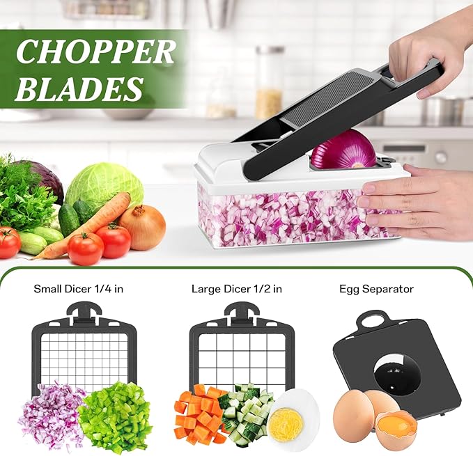 HomeHacks Vegetable Chopper Vegetable Cutter, 12 in 1 Kitchen Gadget, Dicer, Slicer, Onion Cutter, Salad, Cheese Grater & Egg Separator - Multi-Functional Veggie Chopper Lid with Handle (White) - Image 2