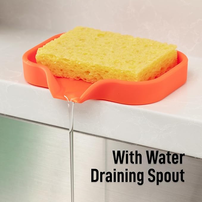 Zulay Kitchen Small Silicone Sponge Holder (4.9x3.3”) – Space-Saving Sink Organizer Tray for Sponge, Soap, Brush & More – Compact Non-Slip Dish for Kitchen & Bathroom (Orange) - Image 8