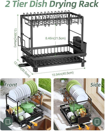 Dish Drying Rack, 2 Tier Space-Saving Dish Rack, Multifunctional Dish Drainer for Kitchen Counter with Drainboard/Utensil/Cup Holder Rustproof Carbon Steel, Black - Image 2