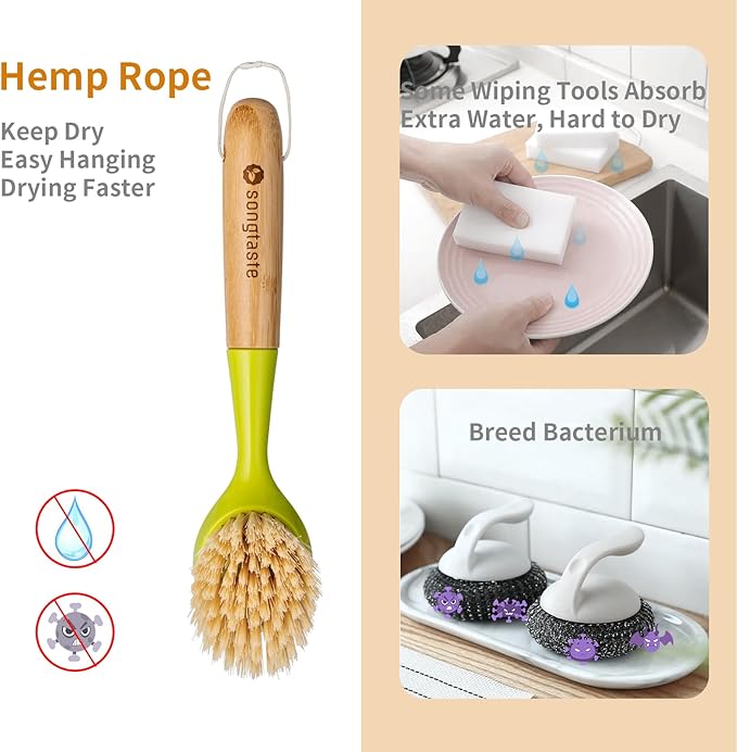 2 Pack Kitchen Dish Brush Bamboo Handle Dish Scrubber Built-in Scraper, Scrub Brush for Pans, Pots, Kitchen Sink Cleaning, Dishwashing and Cleaning Brushes are Perfect Cleaning Tools, Color-Green - Image 2