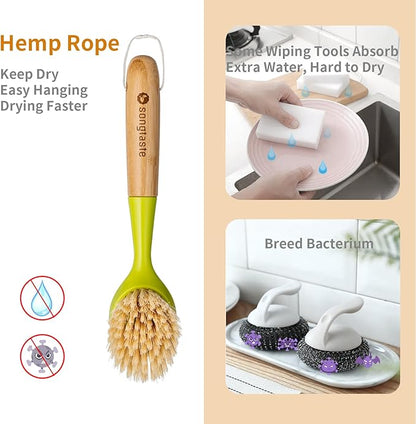 2 Pack Kitchen Dish Brush Bamboo Handle Dish Scrubber Built-in Scraper, Scrub Brush for Pans, Pots, Kitchen Sink Cleaning, Dishwashing and Cleaning Brushes are Perfect Cleaning Tools, Color-Green - Image 2