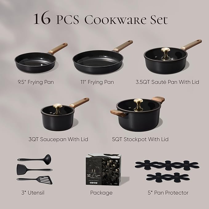 CAROTE Ceramic Cookware Set Nonstick, 16pcs Pots and Pans Set Nonstick, Non-Toxic & PFAS-Free, Dishwasher, RV/Camping Cookware Set, Cooking Pots with Lids, Charcoal Black - Image 2