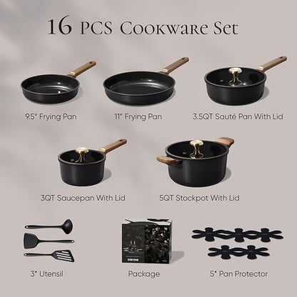 CAROTE Ceramic Cookware Set Nonstick, 16pcs Pots and Pans Set Nonstick, Non-Toxic & PFAS-Free, Dishwasher, RV/Camping Cookware Set, Cooking Pots with Lids, Charcoal Black - Image 2