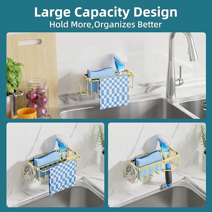 TAILI 4-in-1 Sink Caddy with Strong Suction Cup, Sponge Holder for Kitchen Sink Organizer, Removable, Rustproof, Stainless Steel Holder for Sponge, Brush, Scrubber, Scraper - Gold - Image 6