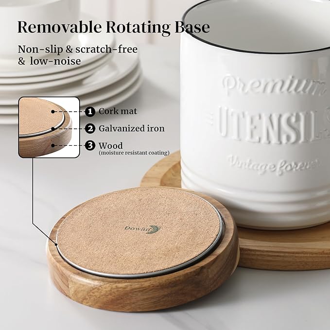 DOWAN 360° Rotating Extra Large Cooking Utensil Holder, 7.6" Kitchen Utensil Holder for Countertop, Utensil Crock for Farmhouse Kitchen Decor, Ceramic Stable Utensil Caddy, White Text - Image 4