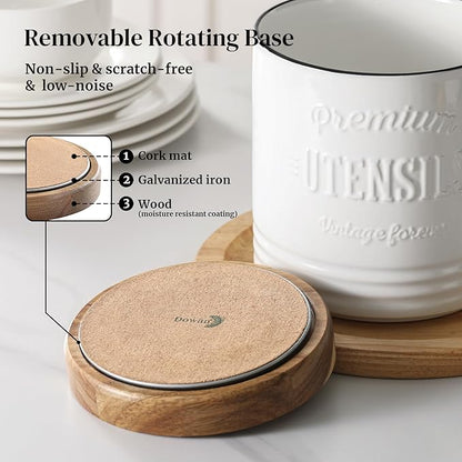 DOWAN 360° Rotating Extra Large Cooking Utensil Holder, 7.6" Kitchen Utensil Holder for Countertop, Utensil Crock for Farmhouse Kitchen Decor, Ceramic Stable Utensil Caddy, White Text - Image 4