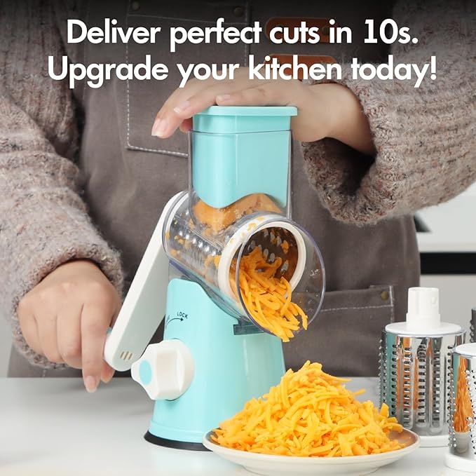 Cheese Grater Hand Crank, Rotary Vegetable Shredder with Handle and Strong Suction base, 3 in 1 Kitchen Speed Spin Veggie Slicer Nut Grinder for Pizza Top, Hash brown, Salad and More (Blue) - Image 8
