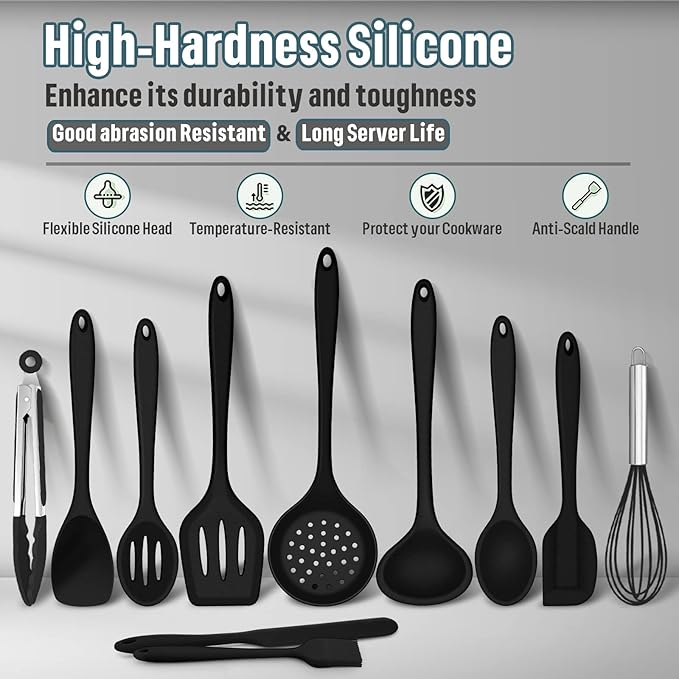 Silicone Kitchen Utensils Set, E-far 23 Pcs Black Cooking Utensils Tools with Holder for Nonstick Cookware, Include Spatula/Spoon/Ladle/Tongs/Turner, Heat Resistant & Nontoxic, Dishwasher Safe - Image 5